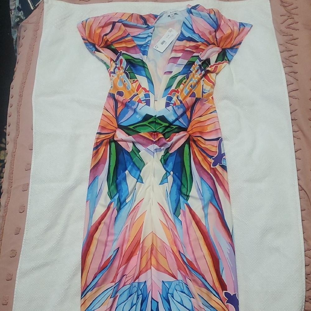 Multicolor V-Neck Midi Dress with Knot Waist